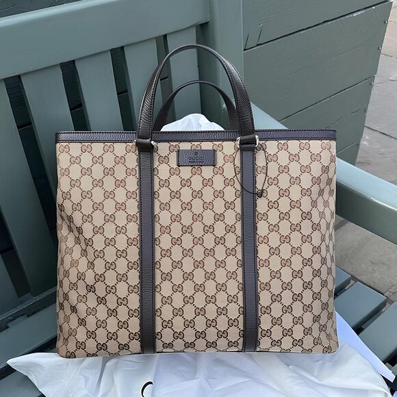 Gucci GG Canvas Dark Brown Signature Handbag Large Leather Weekender Tote Bag NW - Picture 2 of 9